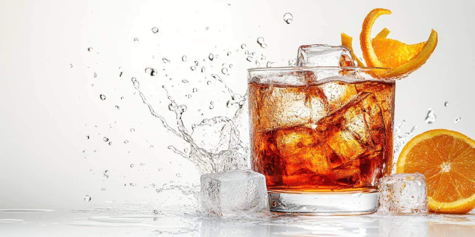Refreshing cocktail with ice and orange slices splashing in a glass on a bright surface